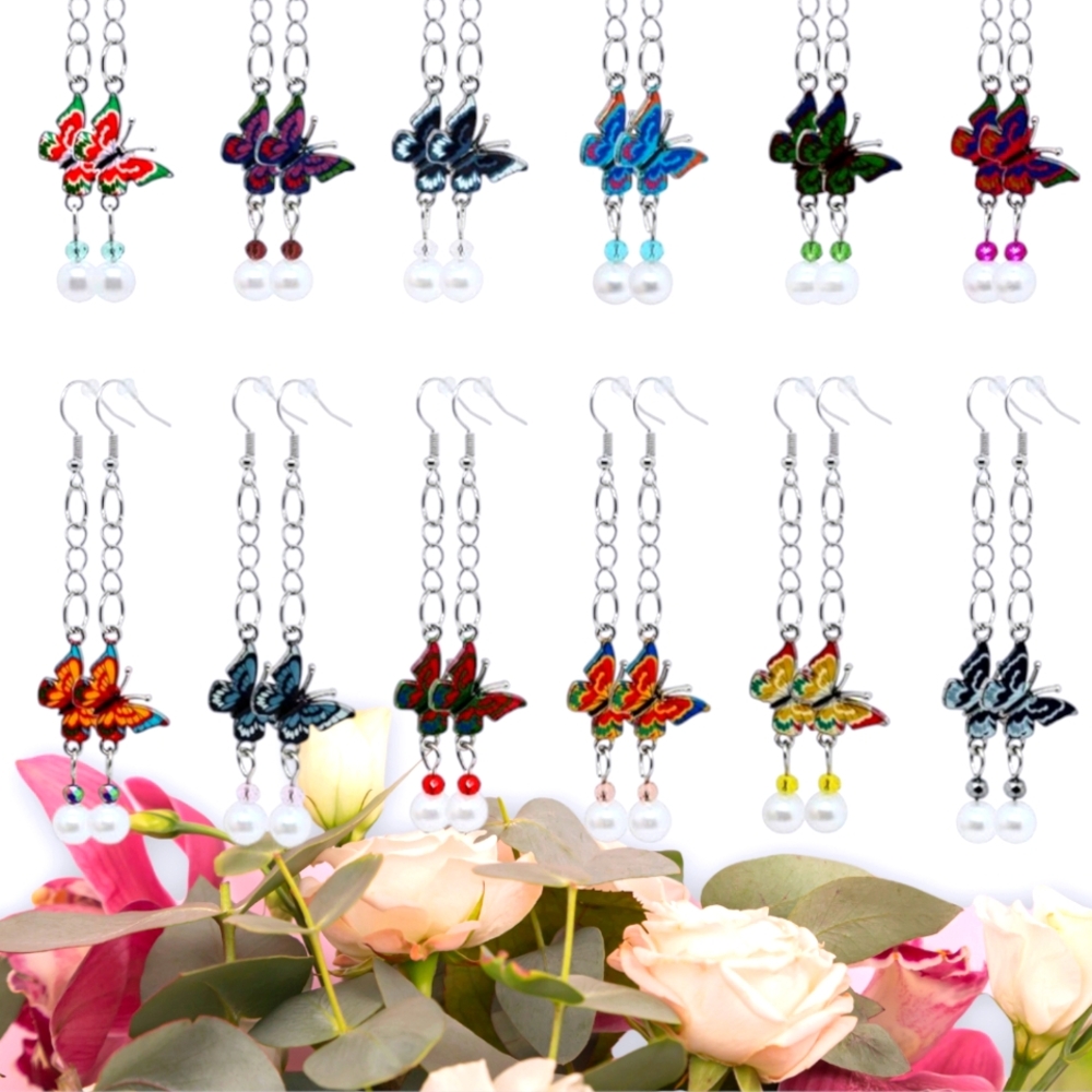 Butterfly Dangle Earrings with Pearl Accents - Picture 1 of 9